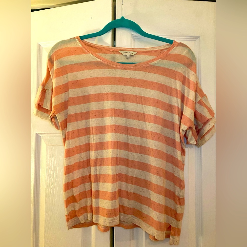 Lucky Brand Women’s Pink and White Striped Tee Shirt- size small